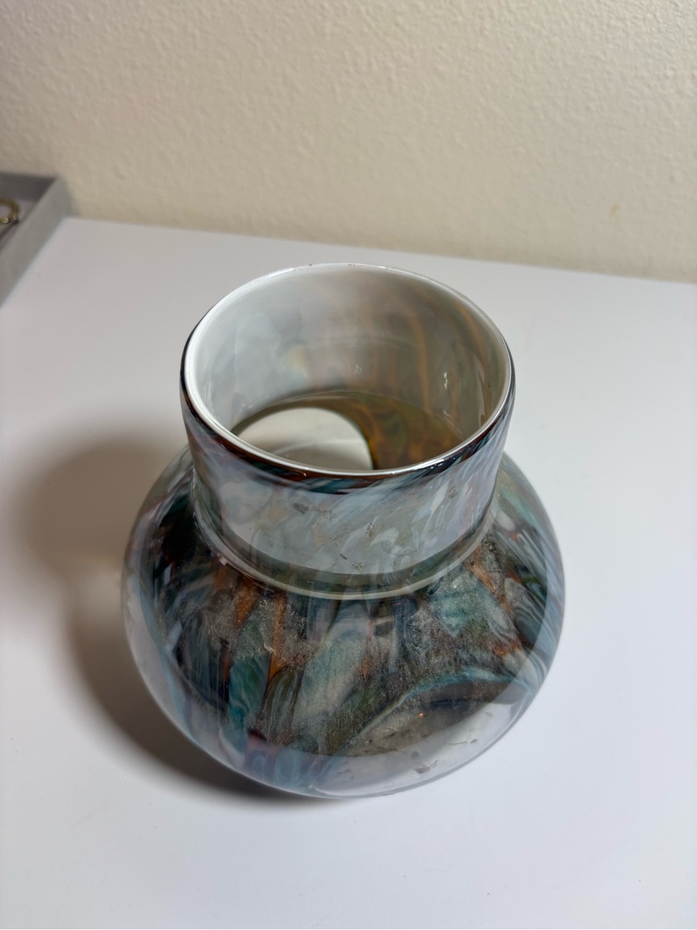 Art Glass Decorative Vase in Blue-Green Swirl